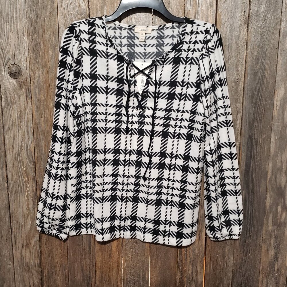 NEW Como Blu M Black‎ White Plaid Lace Up Knit Top Long Sleeve